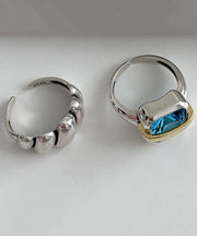 Vintage Blue Sterling Silver Square Gem Stone And Wrinkled Two Piece Set Rings