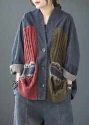 Vintage Blue V Neck Knit Patchwork Denim Coats Long Sleeve