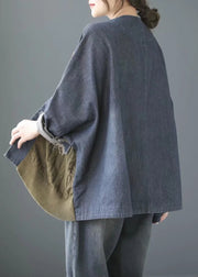 Vintage Blue V Neck Knit Patchwork Denim Coats Long Sleeve