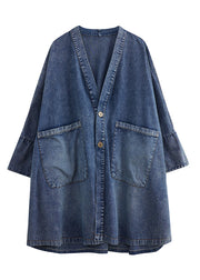 Vintage Blue V Neck Patchwork Button Trench Coats Spring