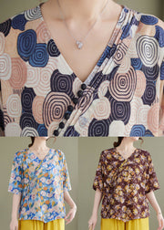 Vintage Blue V Neck Print Patchwork Cotton Shirt Tops Summer
