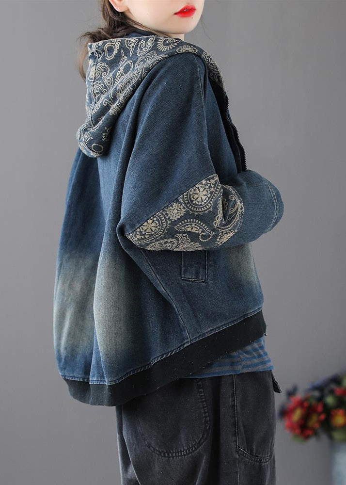 Vintage blau V-Ausschnitt Print Patchwork Reißverschluss Baumwoll-Denim-Mantel mit langen Ärmeln