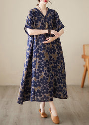 Vintage Blue V Neck Print Robe Dresses Short Sleeve