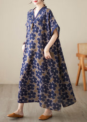 Vintage Blue V Neck Print Robe Dresses Short Sleeve