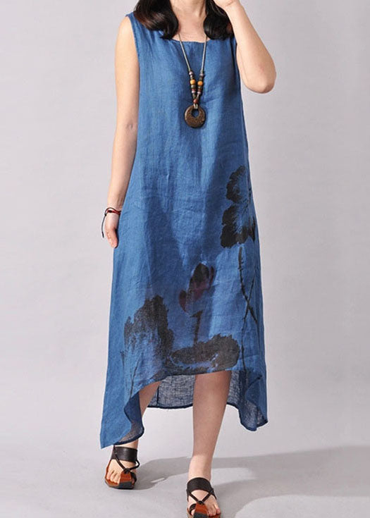 Vintage Blue Women Folk Style Tuschemalerei Floral ärmelloses Kleid Sommer