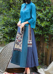 Vintage Blue Wrinkled Embroidered Pockets Patchwork Linen Skirt Summer