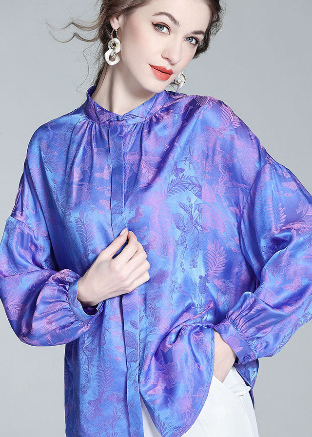Vintage Blue Wrinkled Patchwork Jacquard Silk Shirts Spring