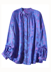 Vintage Blue Wrinkled Patchwork Jacquard Silk Shirts Spring