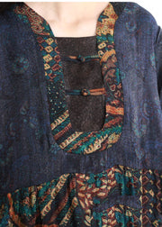 Vintage blaue faltige Taschen Patchwork langes Kleid Dreiviertel Ärmel