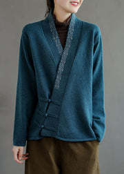 Vintage Blue button V Neck Embroidered Woolen coats Long Sleeve