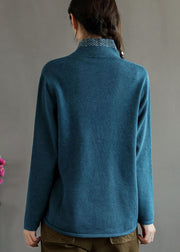 Vintage Blue button V Neck Embroidered Woolen coats Long Sleeve