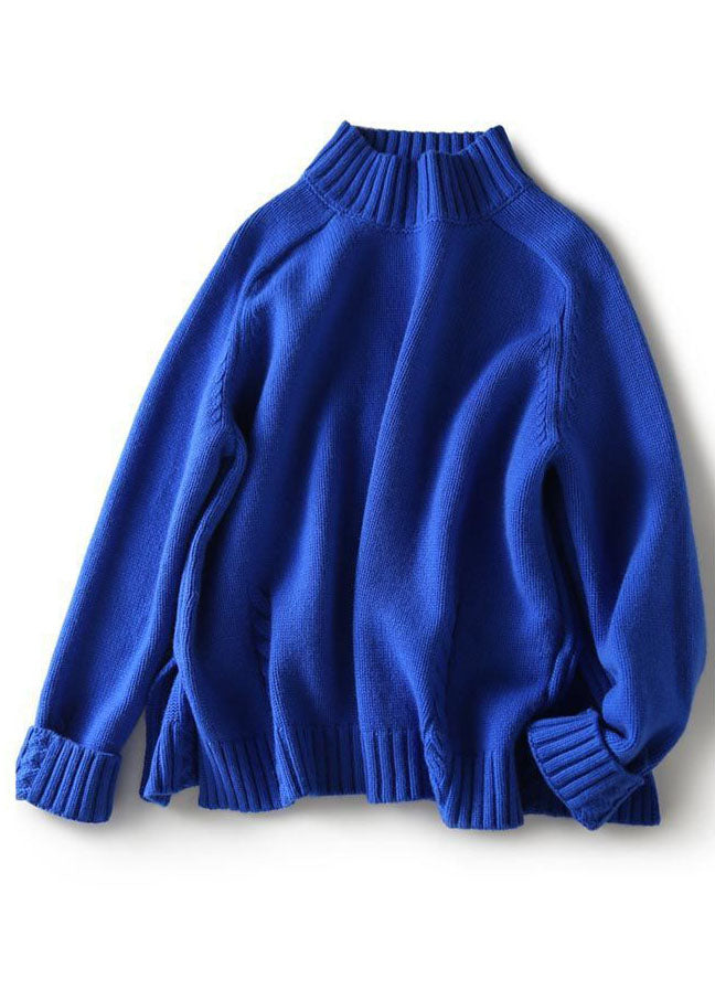 Vintage blaue, seitlich offene, schmal geschnittene Herbst-Strickpullover aus Wolle