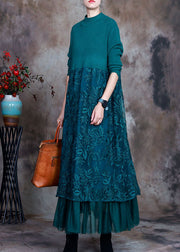 Vintage Blue Slim Fit Spitze Patchwork Knit Herbst Wollkleid