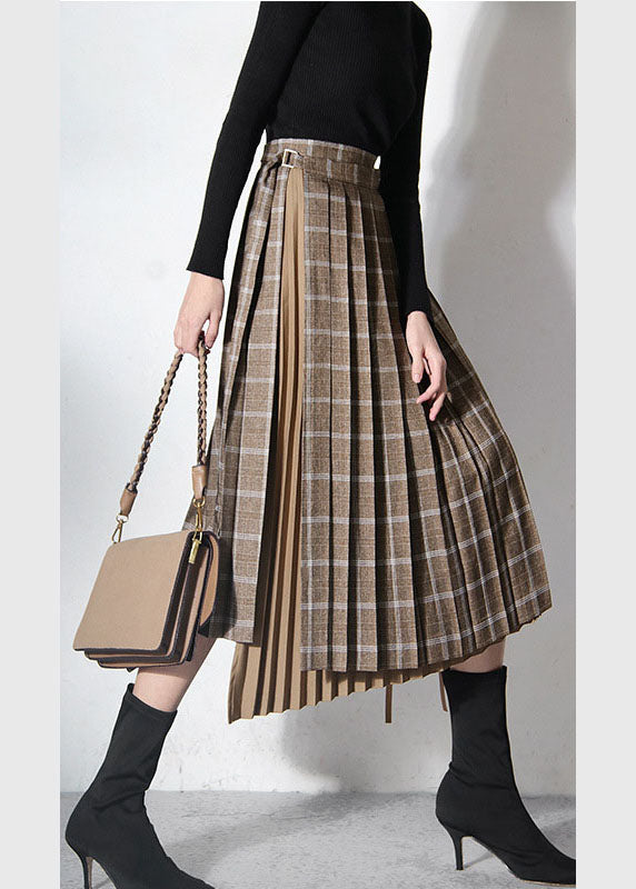 Vintage Brown Asymmetrical Patchwork tie waist skirts Spring