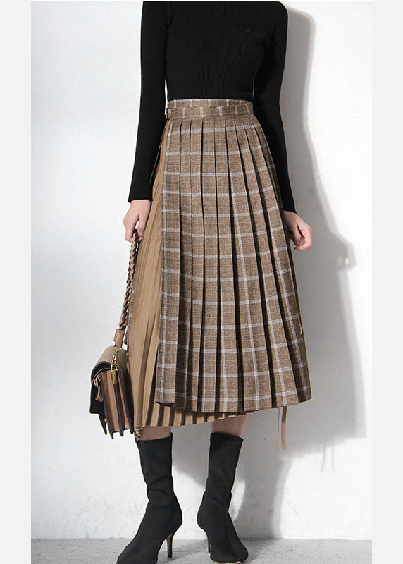 Vintage Brown Asymmetrical Patchwork tie waist skirts Spring