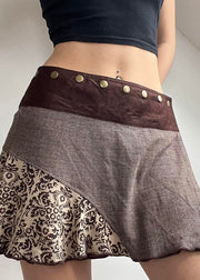Vintage Brown Asymmetrical Print Rivet Patchwork Cotton Skirts Fall