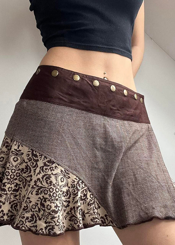 Vintage Brown Asymmetrical Print Rivet Patchwork Cotton Skirts Fall
