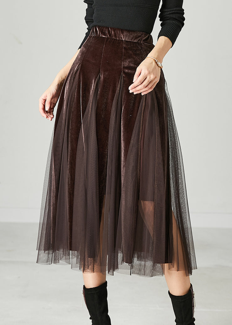 Vintage Brown Exra Large Hem Patchwork Tulle Silk Velvet Skirts Spring