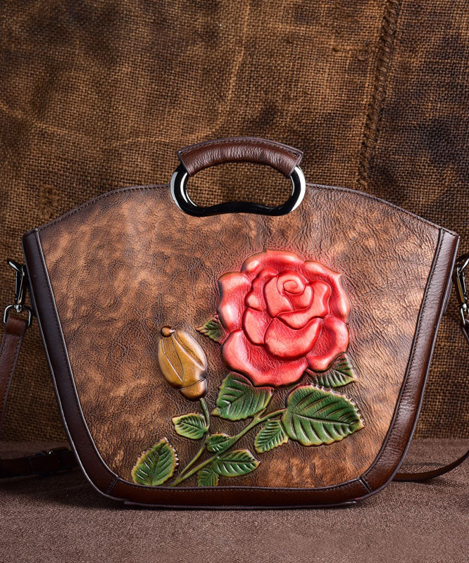 Vintage braun Blume Jacquard Kalbsleder Tote Handtasche