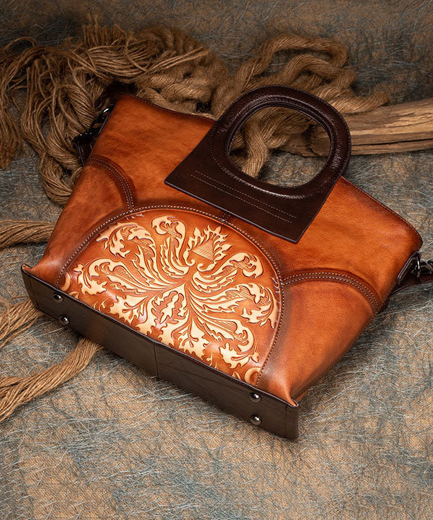 Vintage Brown Jacquard Patchwork Calf Leather Tote Handbag