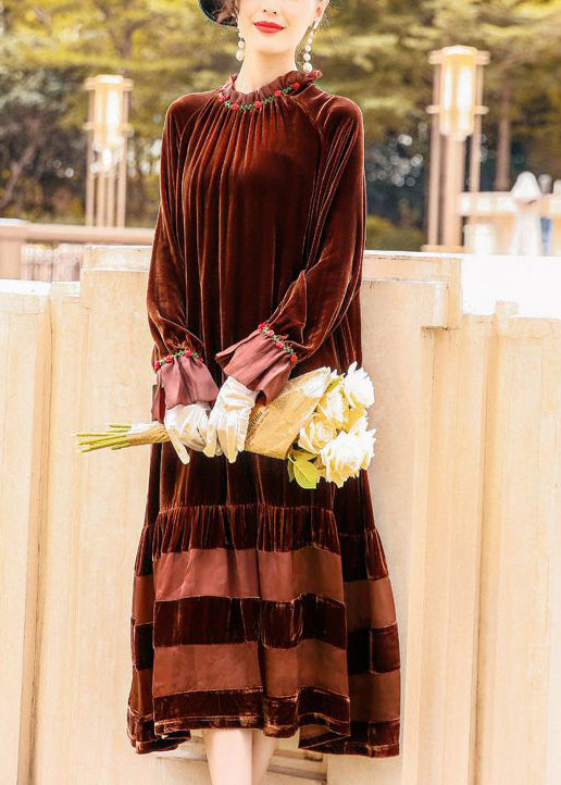 Vintage Brown Oversized Patchwork Silk Velour Robe Dresses Spring