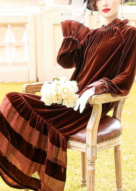 Vintage Brown Oversized Patchwork Silk Velour Robe Dresses Spring