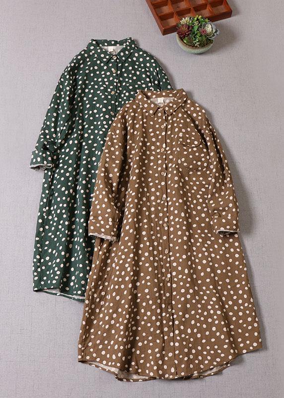 Vintage Brown Patchwork Pockets Button Fall Print Dress Long sleeve - SooLinen