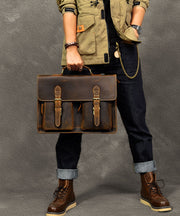Vintage Brown Postman Pockets Fine Calf Leather Man's Tote Handbag