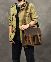 Vintage Brown Postman Pockets Fine Calf Leather Man's Tote Handbag