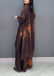 Vintage Brown Stand Collar Print Button Shirts And Wide Leg Pants Two Pieces Set Spring