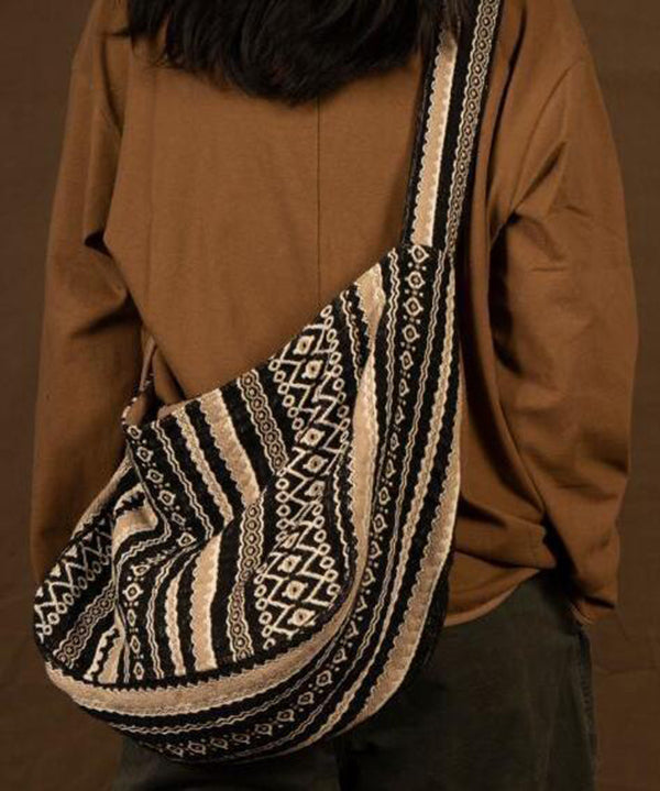 Vintage Brown Stripe Zippered Embroidered Linen Messenger Bag