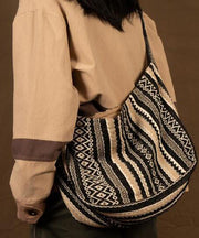 Vintage Brown Stripe Zippered Embroidered Linen Messenger Bag