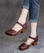 Vintage Buckle Strap Hollow Out Splicing Chunky Heel Brown Cowhide Leather