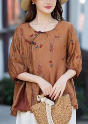 Vintage Camel O Neck Print Chinese Button Patchwork Cotton T Shirt Summer