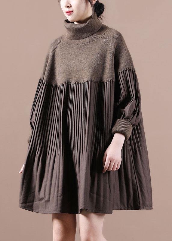 Vintage Chocolate High Neck Patchwork Fall Sweater Dress - SooLinen