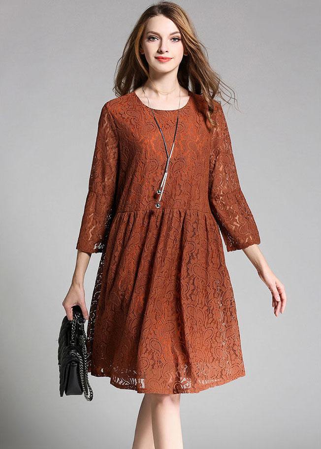 Vintage Chocolate Hollow Out Embroideried Patchwork Spring Three Quarter Sleeve Spring Dresses - SooLinen