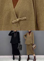 Vintage Coffe V Neck Knit Cardigans And Skirts Two Pieces Set Winter