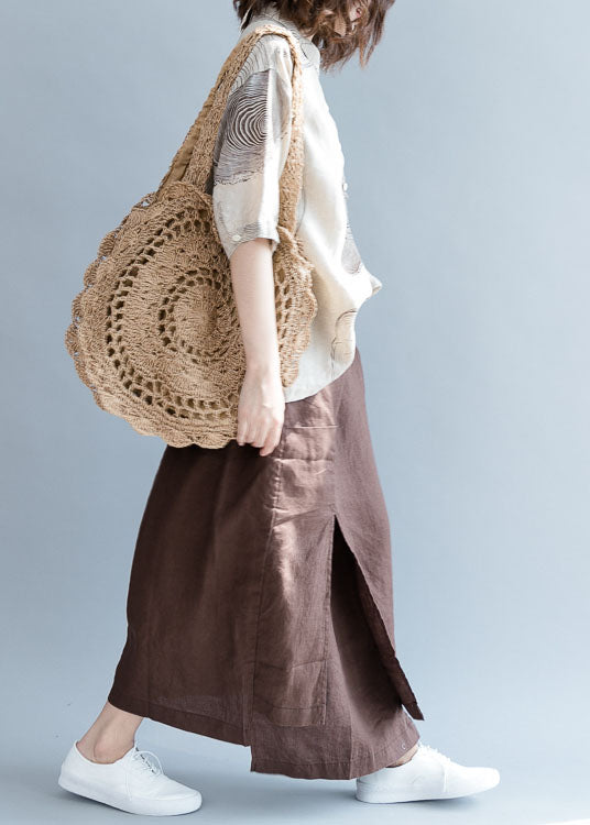 Vintage Chocolate Asymmetrical Side Open Linen Skirts Fall