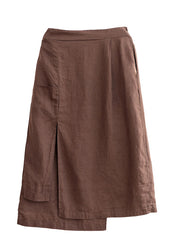 Vintage Chocolate Asymmetrical Side Open Linen Skirts Fall