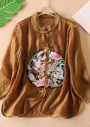 Vintage Coffee Chinese Button Embroidered Tulle Blouses Long sleeve