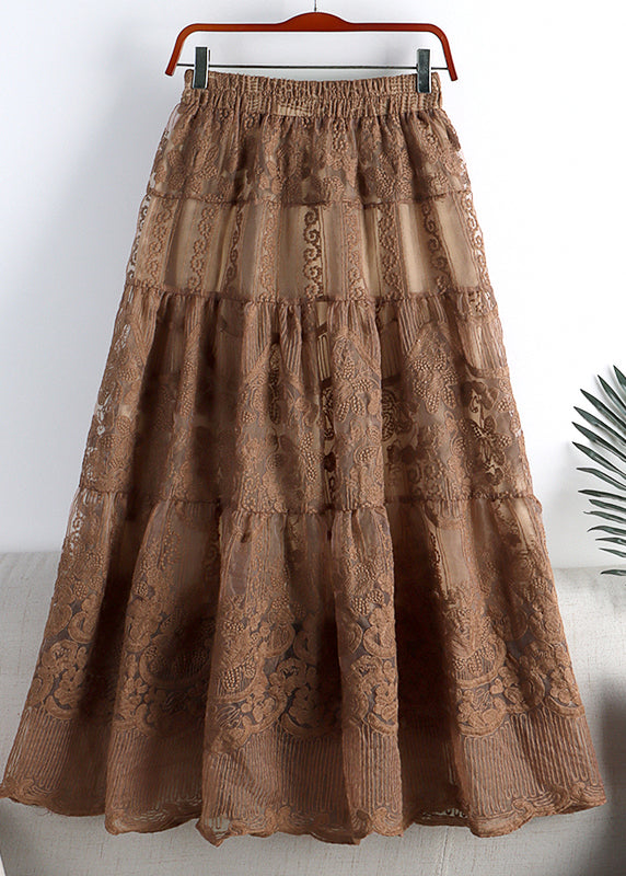 Vintage Chocolate Colour Embroidered Floral High Waist Tulle A Line Skirt Fall