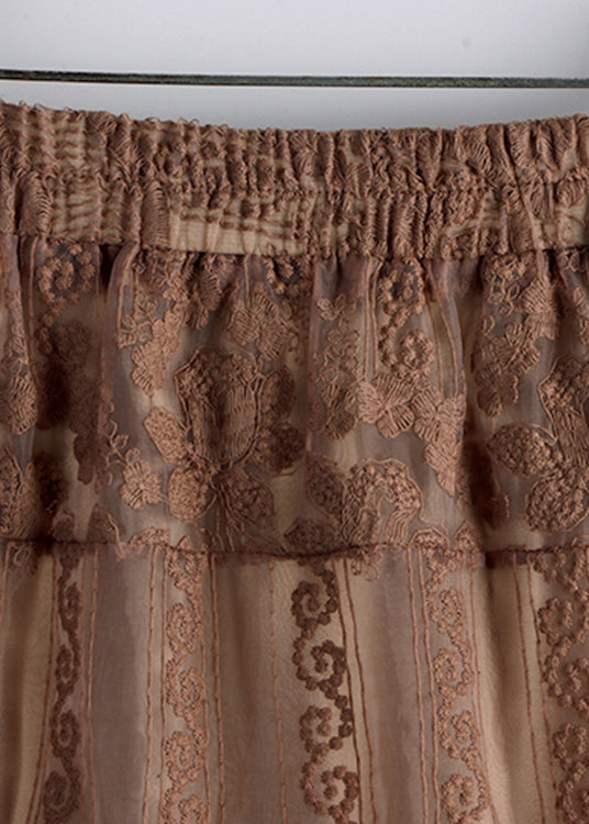 Vintage Chocolate Colour Embroidered Floral High Waist Tulle A Line Skirt Fall