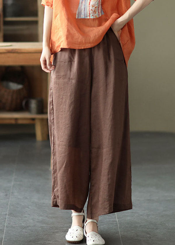 Vintage Chocolate Elastic Waist Pockets Solid Linen Wide Leg Pants Summer
