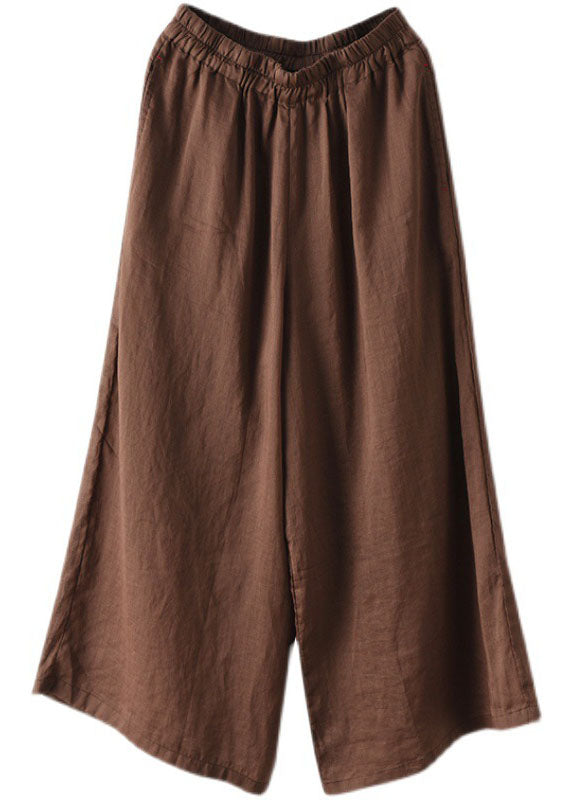 Vintage Chocolate Elastic Waist Pockets Solid Linen Wide Leg Pants Summer