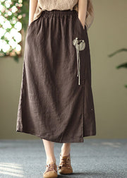 Vintage Chocolate Elastic Waist Side Open Linen A Line Skirts Summer