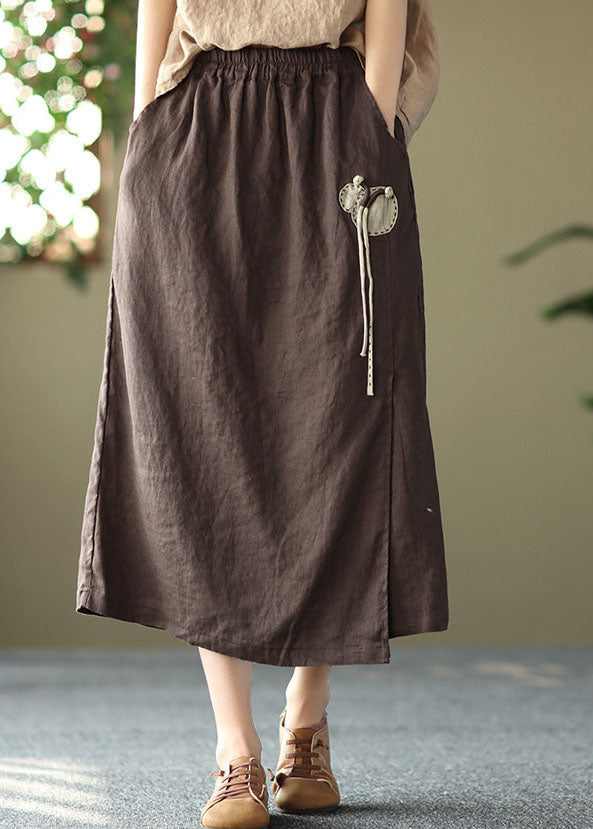 Vintage Chocolate Elastic Waist Side Open Linen A Line Skirts Summer