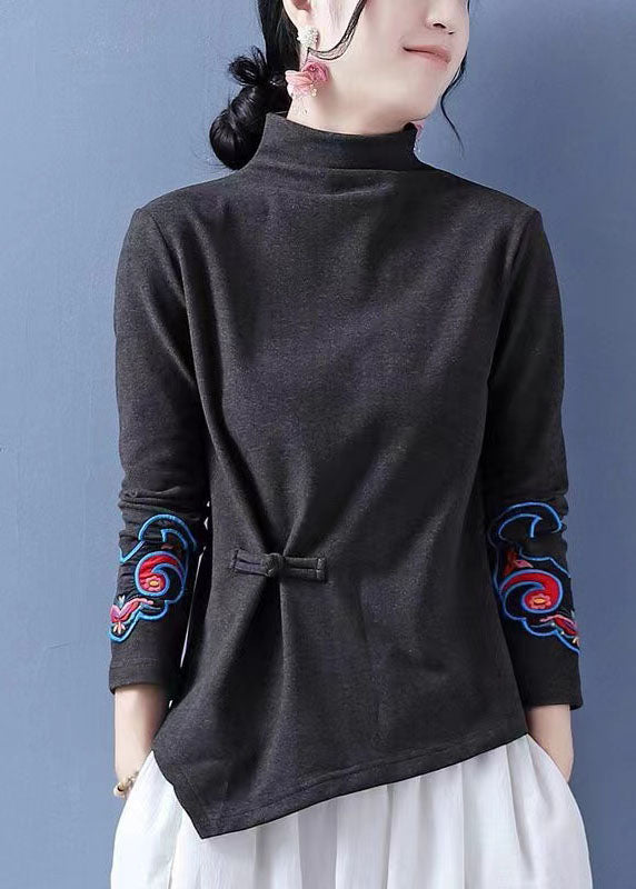 Vintage Chocolate Embroidered Ammetrical Design Chinese Button Cotton Tops Spring