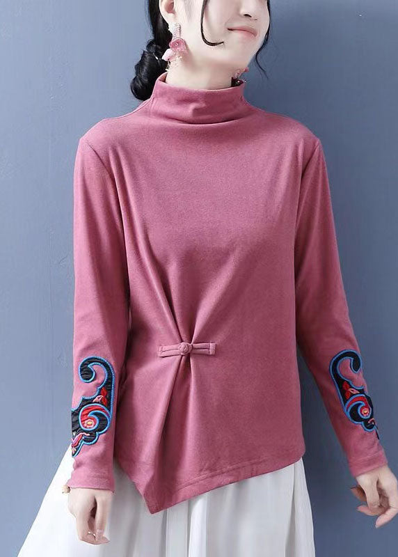 Vintage Chocolate Embroidered Ammetrical Design Chinese Button Cotton Tops Spring