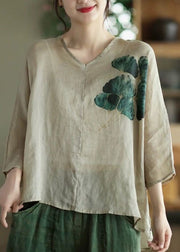 Vintage Coffee Green V Neck Print Patchwork Linen Shirts Half Sleeve