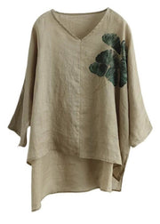 Vintage Coffee Green V Neck Print Patchwork Linen Shirts Half Sleeve